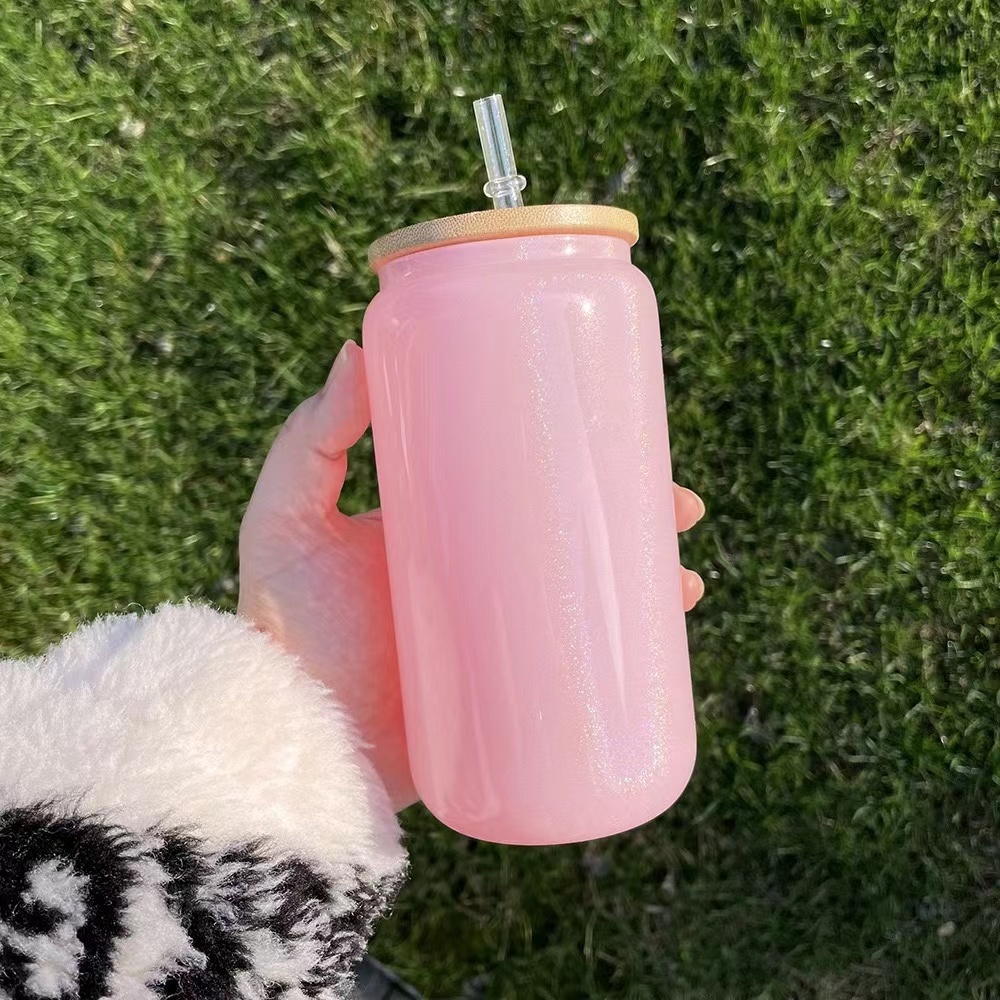 16OZ Mixed Colored Shimmer Glass Can With Bamboo Lid Shipped From US Warehouse