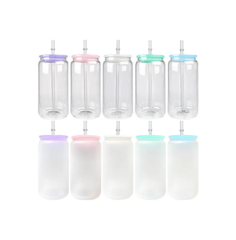 16OZ Frosted Glass Tumbler With Colored Macaron PP Lids Shipped From US Warehouse