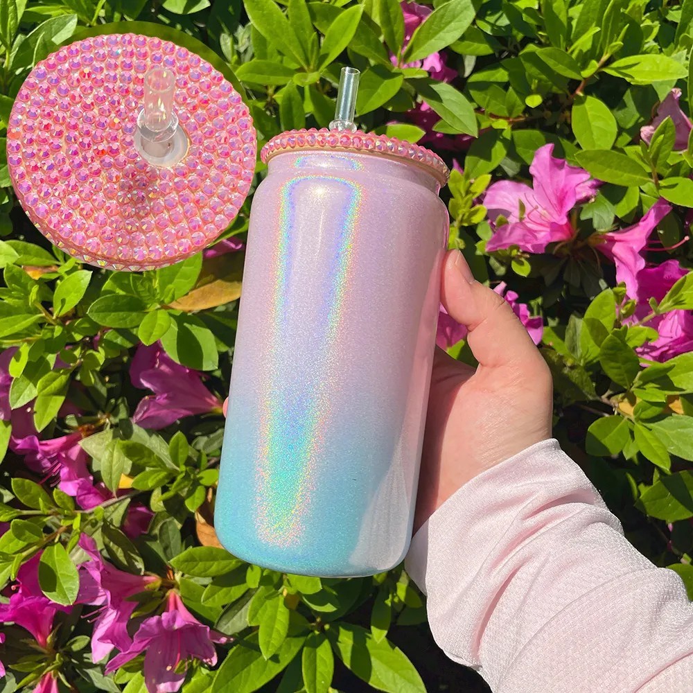 16OZ Mixed Colored Shimmer Glass Can With Bling Lids