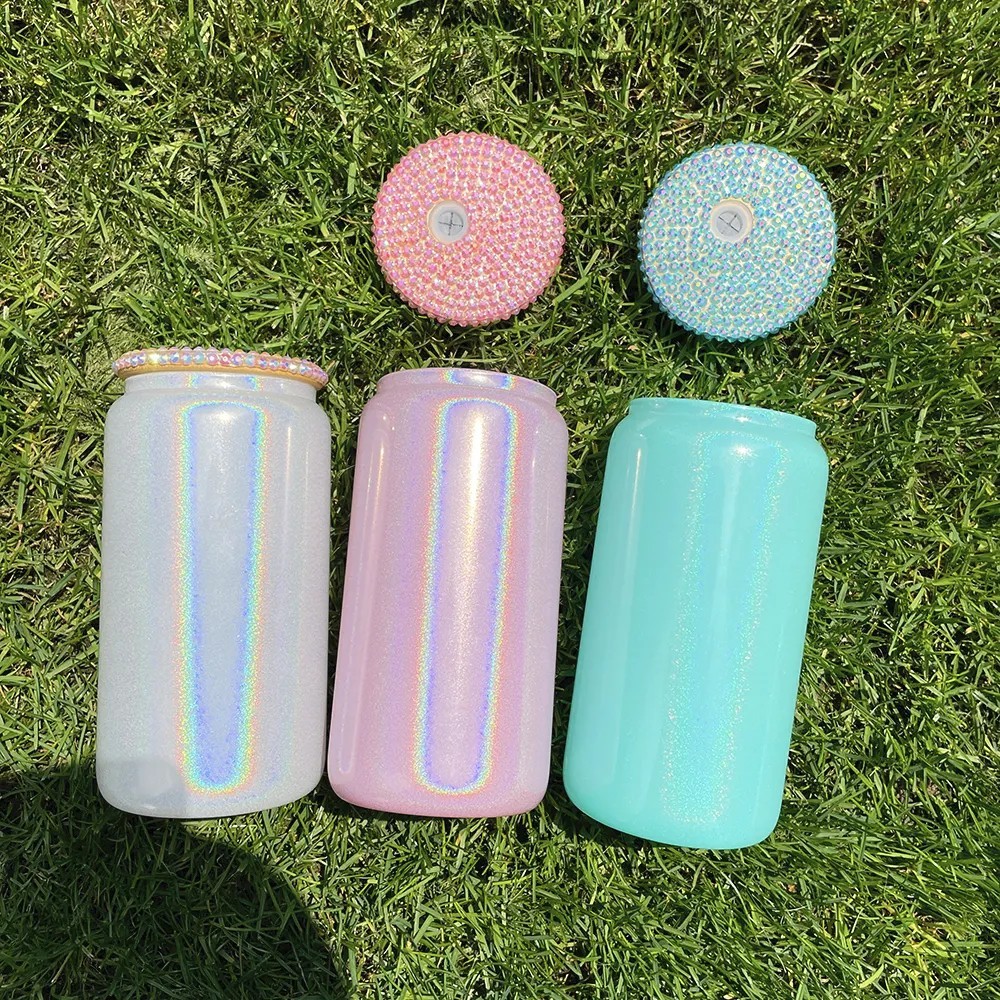 16OZ Mixed Colored Shimmer Glass Can With Bling Lids