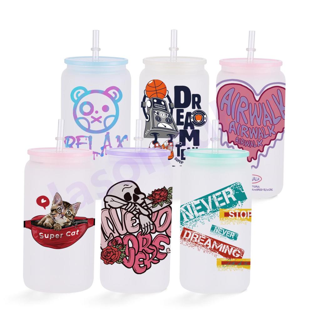 16OZ Frosted Glass Tumbler With Colored Macaron PP Lids Shipped From US Warehouse