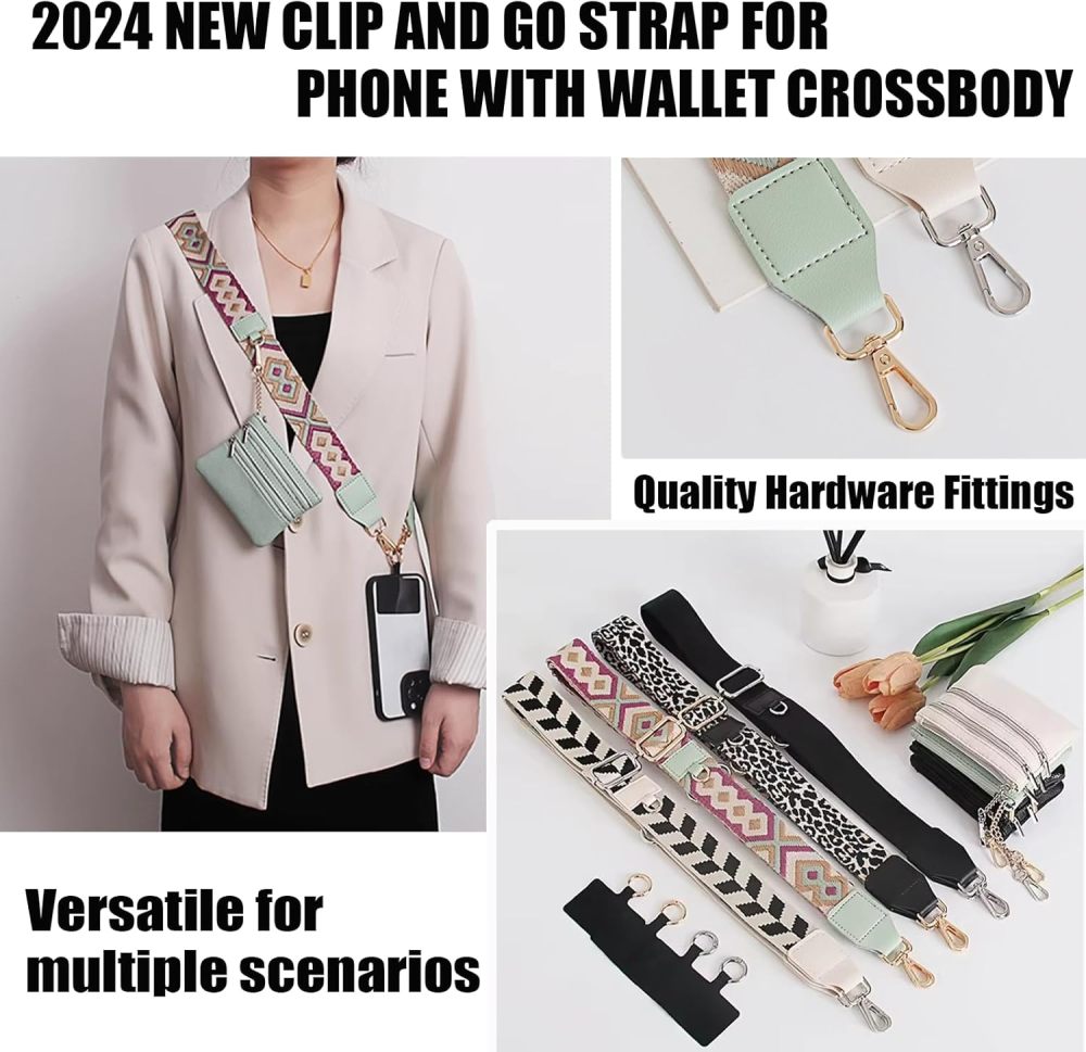 Clip and Go Strap for Phone with Wallet Crossbody,Phone Strap with Zippered Pouch,Adjustable Phone Lanyard Crossbody
