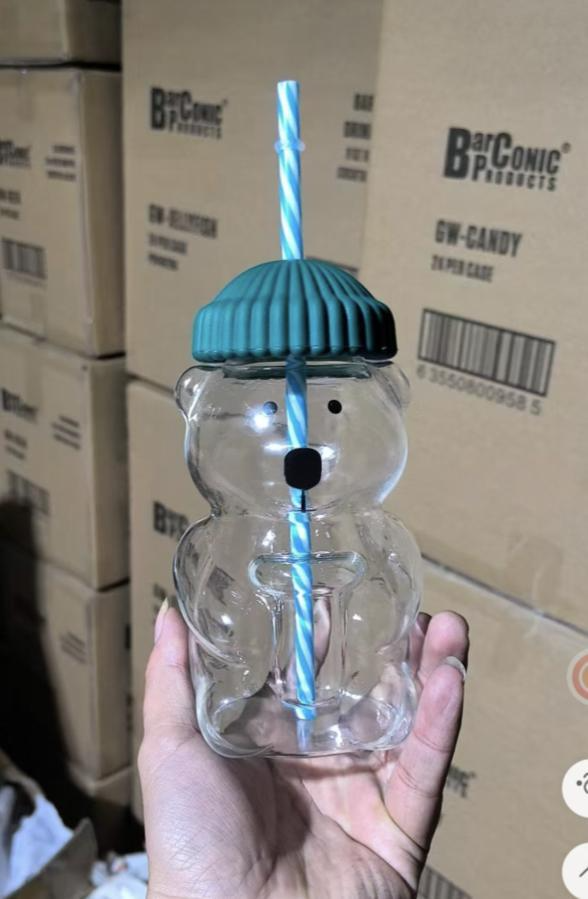 20oz Glass Bear Cup With Straw