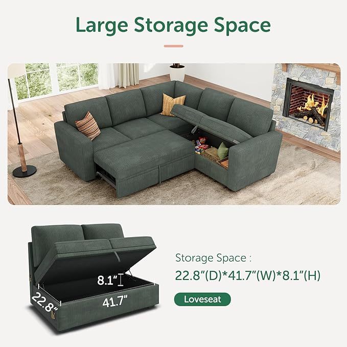 Modular Sectional Sleeper Sofa with Pull Out Bed, Corduroy L Shaped Couch with Storage Seats, Convertible Sectional Couches for Living Room, Green