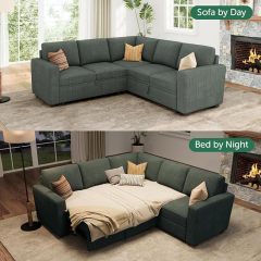 Modular Sectional Sleeper Sofa with Pull Out Bed, Corduroy L Shaped Couch with Storage Seats, Convertible Sectional Couches for Living Room, Green