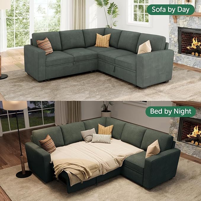 Modular Sectional Sleeper Sofa with Pull Out Bed, Corduroy L Shaped Couch with Storage Seats, Convertible Sectional Couches for Living Room, Green