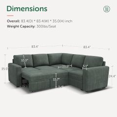 Modular Sectional Sleeper Sofa with Pull Out Bed, Corduroy L Shaped Couch with Storage Seats, Convertible Sectional Couches for Living Room, Green