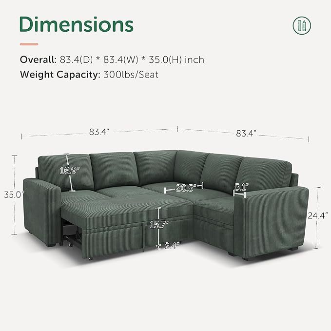 Modular Sectional Sleeper Sofa with Pull Out Bed, Corduroy L Shaped Couch with Storage Seats, Convertible Sectional Couches for Living Room, Green