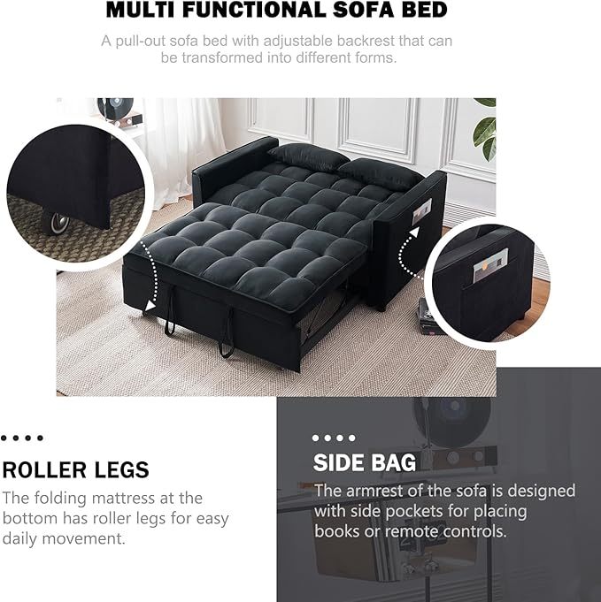 Sleeper Sofa Bed, 3-in-1 Velvet Pull Out Couch with Armrests, Storage Pockets and 2 Pillows, Adjustable Backrest, Sofa Bed Couch for Living Room, Bedroom(Black)