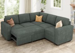 Modular Sectional Sleeper Sofa with Pull Out Bed, Corduroy L Shaped Couch with Storage Seats, Convertible Sectional Couches for Living Room, Green