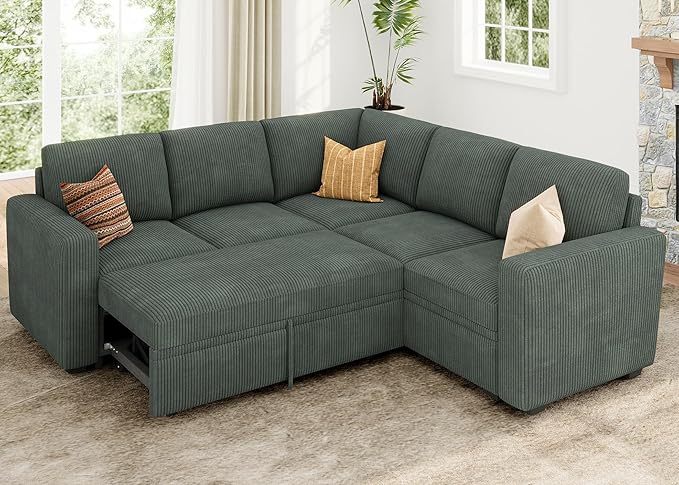 Modular Sectional Sleeper Sofa with Pull Out Bed, Corduroy L Shaped Couch with Storage Seats, Convertible Sectional Couches for Living Room, Green