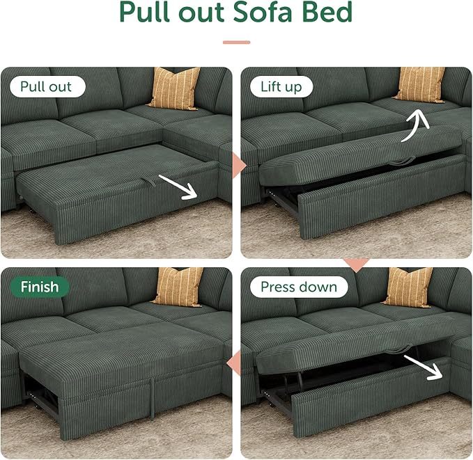 Modular Sectional Sleeper Sofa with Pull Out Bed, Corduroy L Shaped Couch with Storage Seats, Convertible Sectional Couches for Living Room, Green