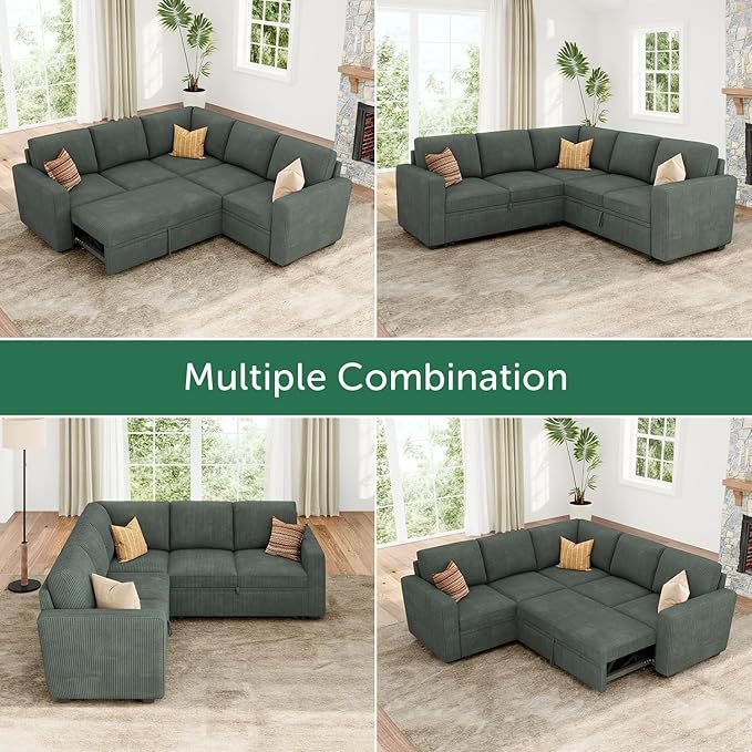 Modular Sectional Sleeper Sofa with Pull Out Bed, Corduroy L Shaped Couch with Storage Seats, Convertible Sectional Couches for Living Room, Green