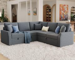 Sofa Bed, 85 Inch Sleeper Sofa with Pull Out Bed & Storage Seat, Oversized L Shape Sectional Sofa for Living Room Apartment, Grey Linen Reversible Couch