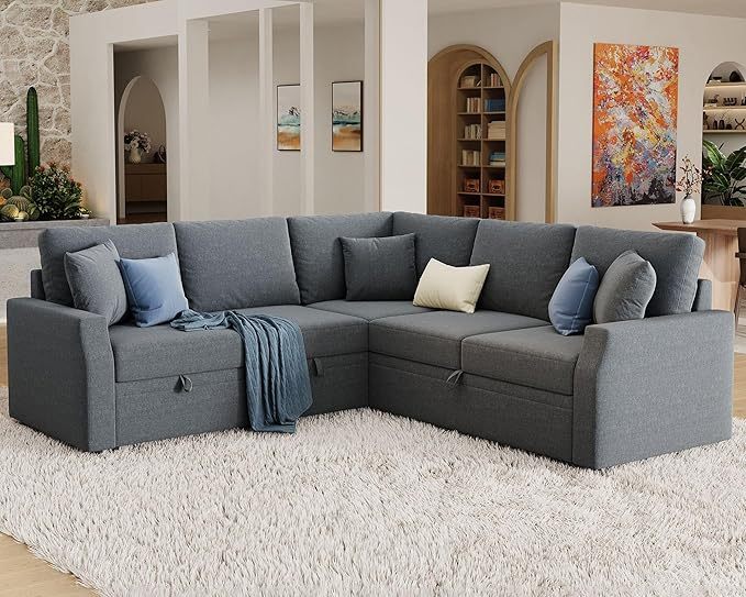 Sofa Bed, 85 Inch Sleeper Sofa with Pull Out Bed & Storage Seat, Oversized L Shape Sectional Sofa for Living Room Apartment, Grey Linen Reversible Couch