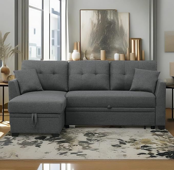 81.5" L-Shape Convertible Sleeper Sectional Sofa, Pull Out Sofabed w/Storage Chaise, All-in-One Linen Upholstered Couch for Living Room Apartment