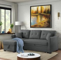 81.5" L-Shape Convertible Sleeper Sectional Sofa, Pull Out Sofabed w/Storage Chaise, All-in-One Linen Upholstered Couch for Living Room Apartment