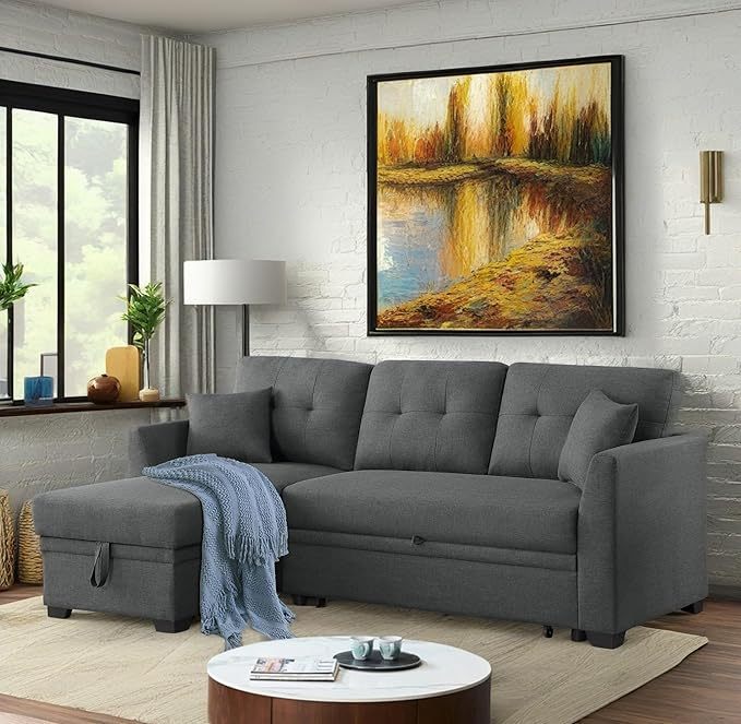 81.5" L-Shape Convertible Sleeper Sectional Sofa, Pull Out Sofabed w/Storage Chaise, All-in-One Linen Upholstered Couch for Living Room Apartment