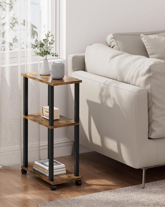 Small Side Table, Narrow End Table, Bedside Table, Couch Side Table with Wheels for Living Room or Bedroom, Brown TB01BB061