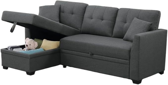 81.5" L-Shape Convertible Sleeper Sectional Sofa, Pull Out Sofabed w/Storage Chaise, All-in-One Linen Upholstered Couch for Living Room Apartment