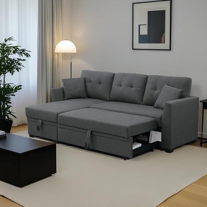 81.5" L-Shape Convertible Sleeper Sectional Sofa, Pull Out Sofabed w/Storage Chaise, All-in-One Linen Upholstered Couch for Living Room Apartment