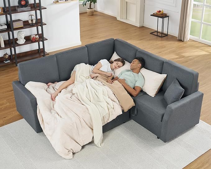 Sofa Bed, 85 Inch Sleeper Sofa with Pull Out Bed & Storage Seat, Oversized L Shape Sectional Sofa for Living Room Apartment, Grey Linen Reversible Couch