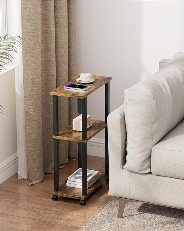 Small Side Table, Narrow End Table, Bedside Table, Couch Side Table with Wheels for Living Room or Bedroom, Brown TB01BB061