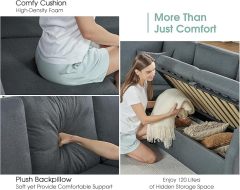 Sofa Bed, 85 Inch Sleeper Sofa with Pull Out Bed & Storage Seat, Oversized L Shape Sectional Sofa for Living Room Apartment, Grey Linen Reversible Couch