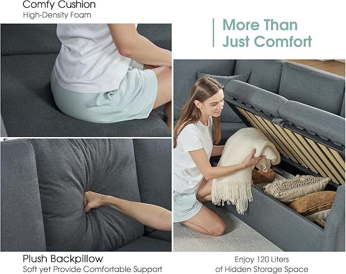 Sofa Bed, 85 Inch Sleeper Sofa with Pull Out Bed & Storage Seat, Oversized L Shape Sectional Sofa for Living Room Apartment, Grey Linen Reversible Couch