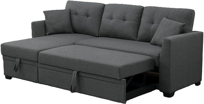 81.5" L-Shape Convertible Sleeper Sectional Sofa, Pull Out Sofabed w/Storage Chaise, All-in-One Linen Upholstered Couch for Living Room Apartment
