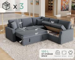 Sofa Bed, 85 Inch Sleeper Sofa with Pull Out Bed & Storage Seat, Oversized L Shape Sectional Sofa for Living Room Apartment, Grey Linen Reversible Couch