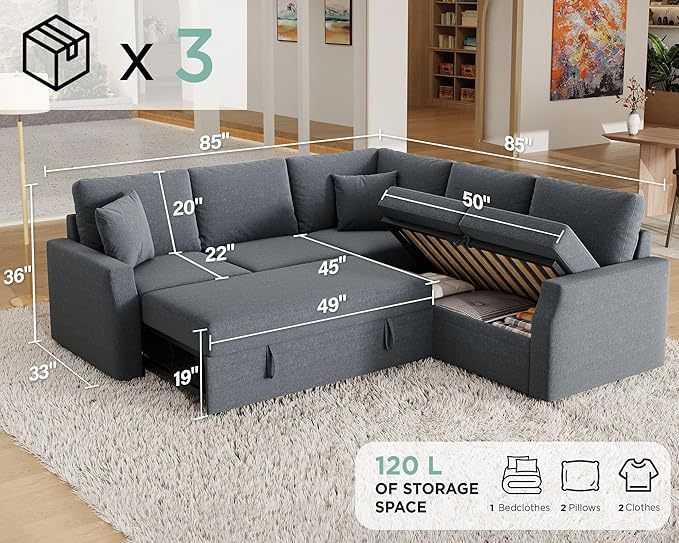 Sofa Bed, 85 Inch Sleeper Sofa with Pull Out Bed & Storage Seat, Oversized L Shape Sectional Sofa for Living Room Apartment, Grey Linen Reversible Couch