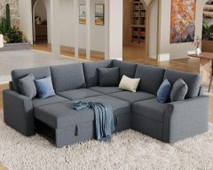 Sofa Bed, 85 Inch Sleeper Sofa with Pull Out Bed & Storage Seat, Oversized L Shape Sectional Sofa for Living Room Apartment, Grey Linen Reversible Couch