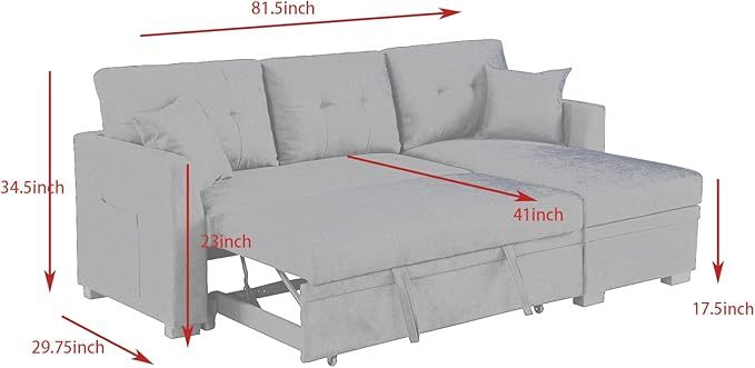 81.5" L-Shape Convertible Sleeper Sectional Sofa, Pull Out Sofabed w/Storage Chaise, All-in-One Linen Upholstered Couch for Living Room Apartment