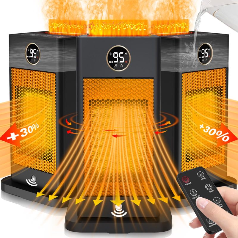 3-in-1 Space Heater- Humidifier/Sensor/ECO,Electric Heater with 90°Oscillating/Thermostat/12H Timer/Dual Control,Space Heater Indoor with 3D Flame Ambiance/Heater Heat Up 260 sq.ft(Obsidian Black)