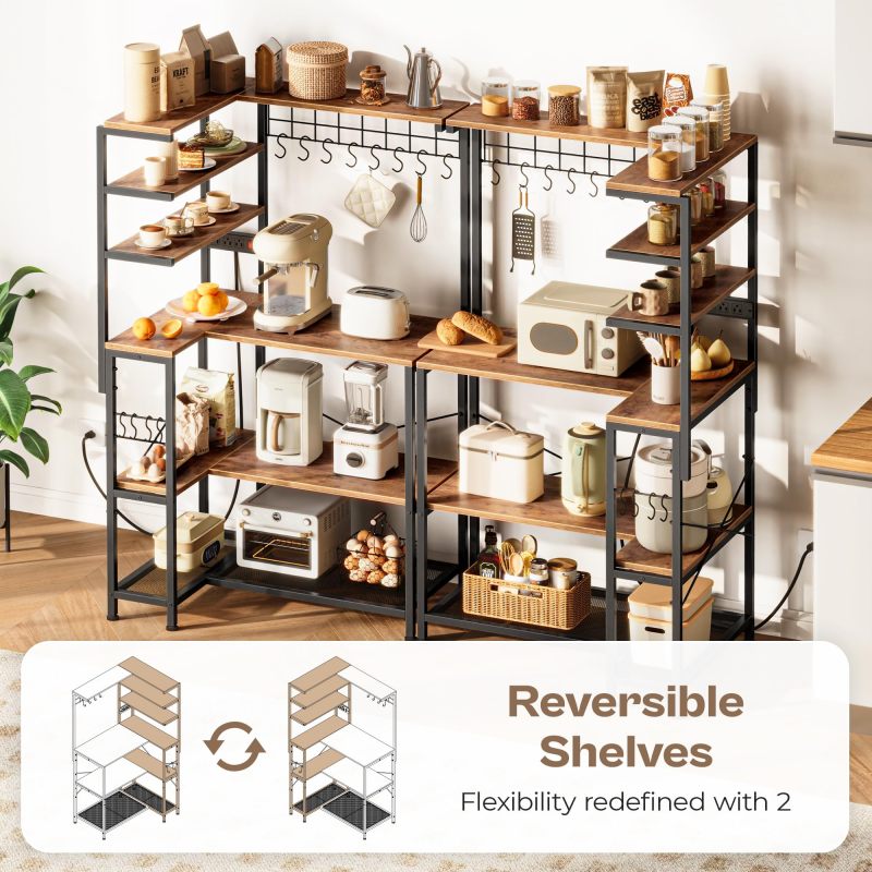 L Shaped Bakers Rack with Power Outlet, Microwave Stand with Storage, 6-Tier Corner Kitchen Shelf, Coffee Bar with 12 S-Shaped Hooks, Mesh Grid, Shelves, Kitchen Storage Rack, Rustic Brown