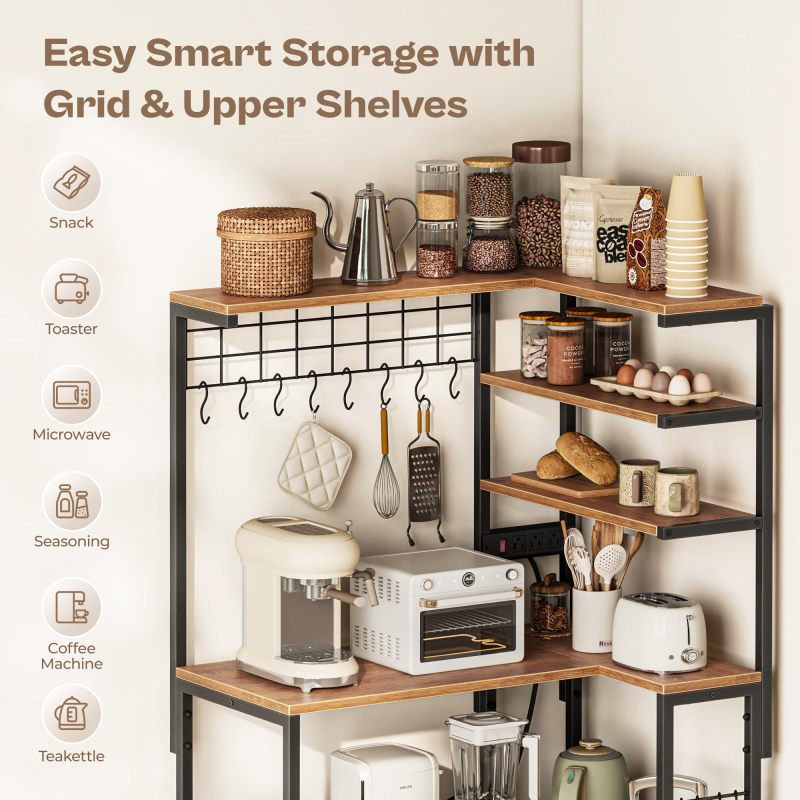 L Shaped Bakers Rack with Power Outlet, Microwave Stand with Storage, 6-Tier Corner Kitchen Shelf, Coffee Bar with 12 S-Shaped Hooks, Mesh Grid, Shelves, Kitchen Storage Rack, Rustic Brown