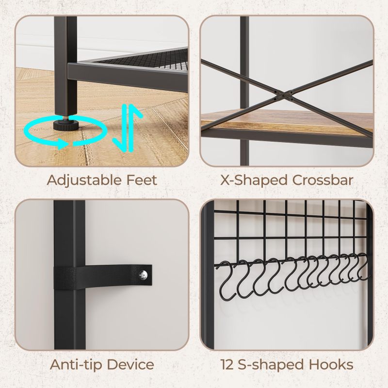 L Shaped Bakers Rack with Power Outlet, Microwave Stand with Storage, 6-Tier Corner Kitchen Shelf, Coffee Bar with 12 S-Shaped Hooks, Mesh Grid, Shelves, Kitchen Storage Rack, Rustic Brown