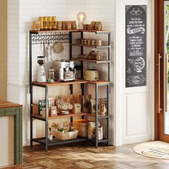 L Shaped Bakers Rack with Power Outlet, Microwave Stand with Storage, 6-Tier Corner Kitchen Shelf, Coffee Bar with 12 S-Shaped Hooks, Mesh Grid, Shelves, Kitchen Storage Rack, Rustic Brown