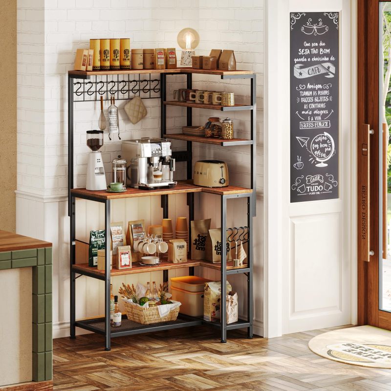 L Shaped Bakers Rack with Power Outlet, Microwave Stand with Storage, 6-Tier Corner Kitchen Shelf, Coffee Bar with 12 S-Shaped Hooks, Mesh Grid, Shelves, Kitchen Storage Rack, Rustic Brown
