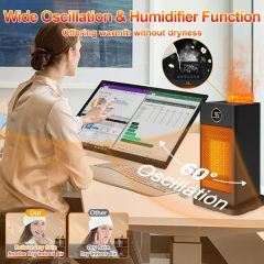3-in-1 Space Heater- Humidifier/Sensor/ECO,Electric Heater with 90°Oscillating/Thermostat/12H Timer/Dual Control,Space Heater Indoor with 3D Flame Ambiance/Heater Heat Up 260 sq.ft(Obsidian Black)
