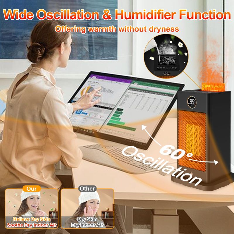 3-in-1 Space Heater- Humidifier/Sensor/ECO,Electric Heater with 90°Oscillating/Thermostat/12H Timer/Dual Control,Space Heater Indoor with 3D Flame Ambiance/Heater Heat Up 260 sq.ft(Obsidian Black)