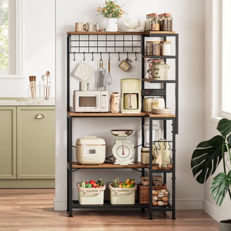 L Shaped Bakers Rack with Power Outlet, Microwave Stand with Storage, 6-Tier Corner Kitchen Shelf, Coffee Bar with 12 S-Shaped Hooks, Mesh Grid, Shelves, Kitchen Storage Rack, Rustic Brown