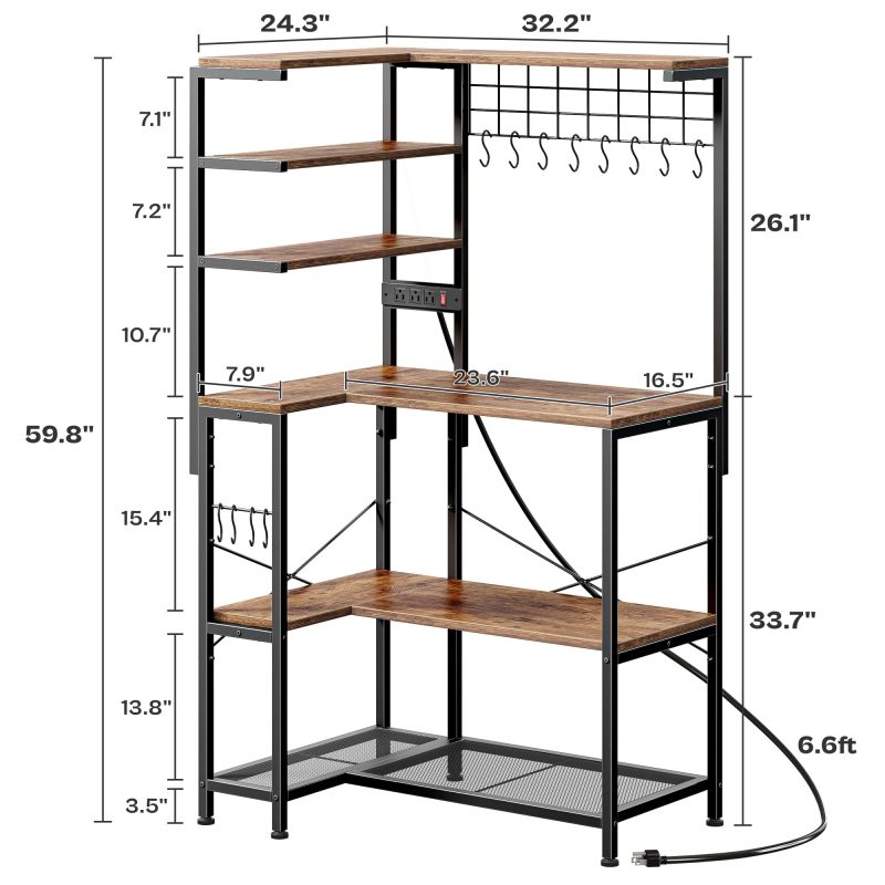 L Shaped Bakers Rack with Power Outlet, Microwave Stand with Storage, 6-Tier Corner Kitchen Shelf, Coffee Bar with 12 S-Shaped Hooks, Mesh Grid, Shelves, Kitchen Storage Rack, Rustic Brown