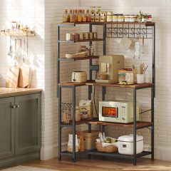 L Shaped Bakers Rack with Power Outlet, Microwave Stand with Storage, 6-Tier Corner Kitchen Shelf, Coffee Bar with 12 S-Shaped Hooks, Mesh Grid, Shelves, Kitchen Storage Rack, Rustic Brown