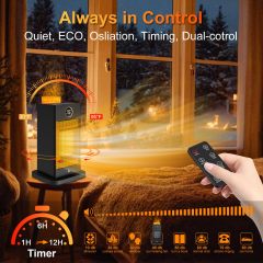 3-in-1 Space Heater- Humidifier/Sensor/ECO,Electric Heater with 90°Oscillating/Thermostat/12H Timer/Dual Control,Space Heater Indoor with 3D Flame Ambiance/Heater Heat Up 260 sq.ft(Obsidian Black)
