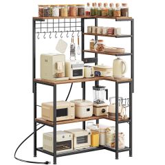 L Shaped Bakers Rack with Power Outlet, Microwave Stand with Storage, 6-Tier Corner Kitchen Shelf, Coffee Bar with 12 S-Shaped Hooks, Mesh Grid, Shelves, Kitchen Storage Rack, Rustic Brown