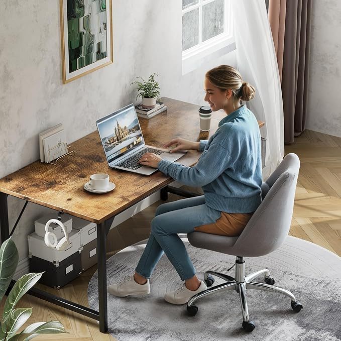 48 inch Computer Desk Modern Simple Style Woodern Table with Storage Bag and Hook for Home, Office, Study, Writing, Rustic Brown