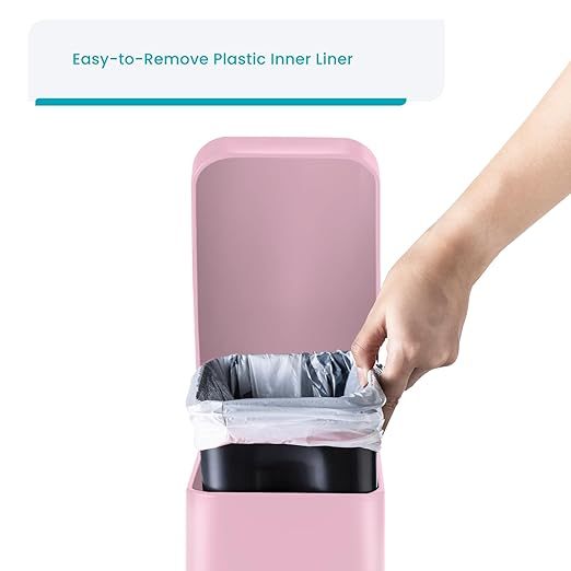 1.3 Gallon Bathroom Trash Can with a Lid, Stainless Steel Wastebasket with Slim Shape and Step Pedal for Home and Office, 5 Liter Capacity, Pink
