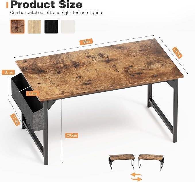 48 inch Computer Desk Modern Simple Style Woodern Table with Storage Bag and Hook for Home, Office, Study, Writing, Rustic Brown